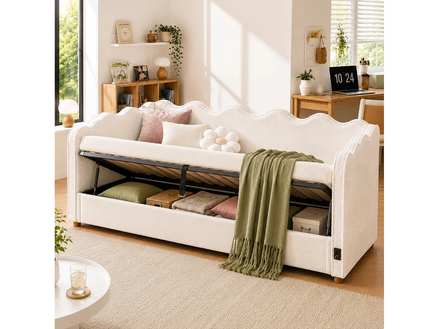Polstret sovesofa med opbevaringsboks 90x200 cm - med USB-port og rygstøtte - Fløjlsstof - Beige (Madras ikke inkluderet)