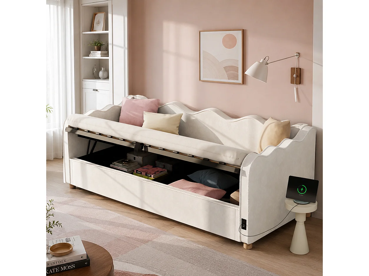 Polstret sovesofa med opbevaringsboks 90x200 cm - med USB-port og rygstøtte - Fløjlsstof - Beige (Madras ikke inkluderet)