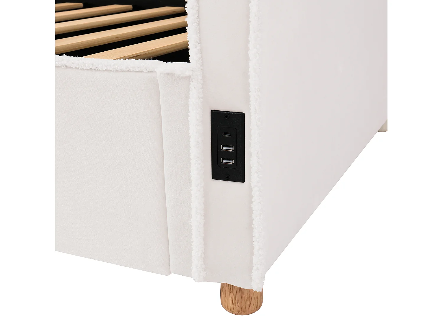 Polstret sovesofa med opbevaringsboks 90x200 cm - med USB-port og rygstøtte - Fløjlsstof - Beige (Madras ikke inkluderet)