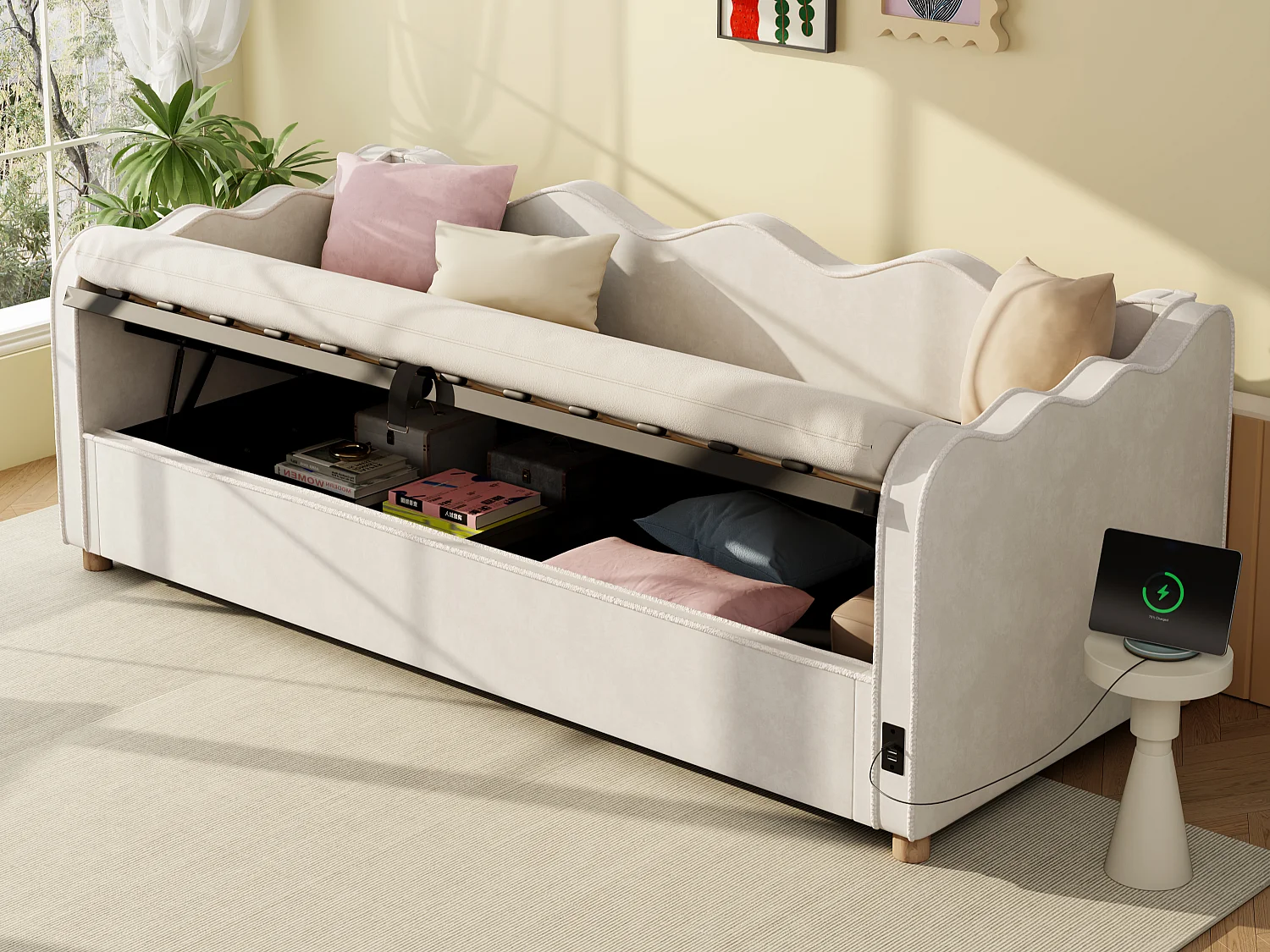 Polsterbettsofa mit Stauraum 90x200 cm - mit USB-Anschluss und Rückenlehne - Samtstoff - Beige (Matratze nicht enthalten)