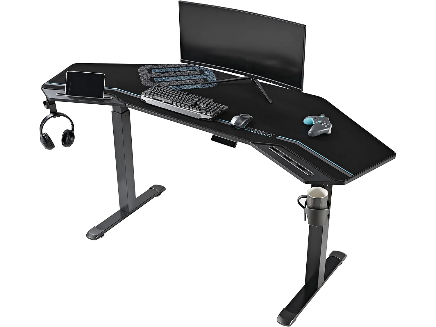Bureau électrique ajustable 182×76cm forme aile. Grand espace gaming, équipé support écran LED et plateau clavier coulissant