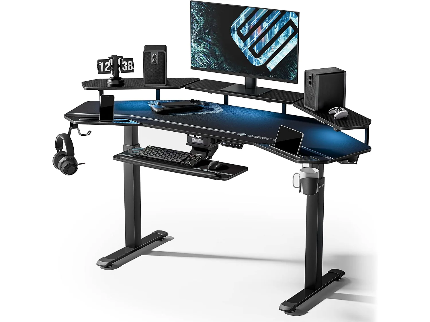 Bureau électrique ajustable 182×76cm forme aile. Grand espace gaming, équipé support écran LED et plateau clavier coulissant