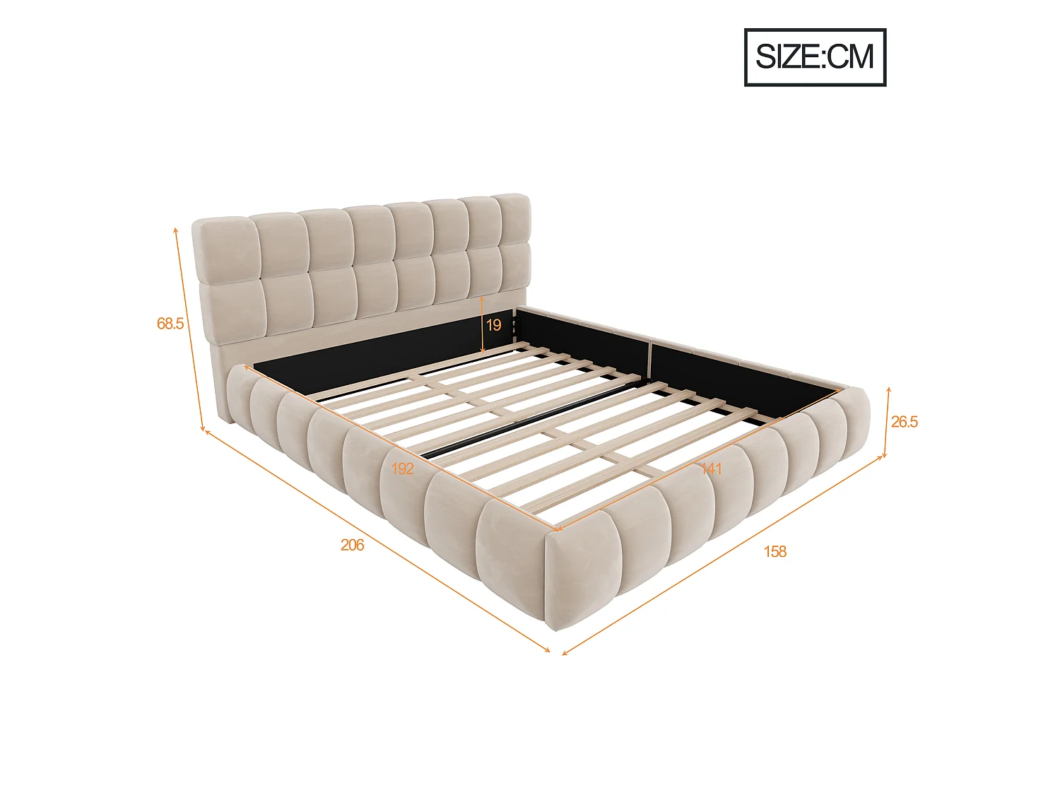 Lit double rembourré 140 x 190 cm - avec tête de lit rembourré - velours - beige (matelas non inclus)
