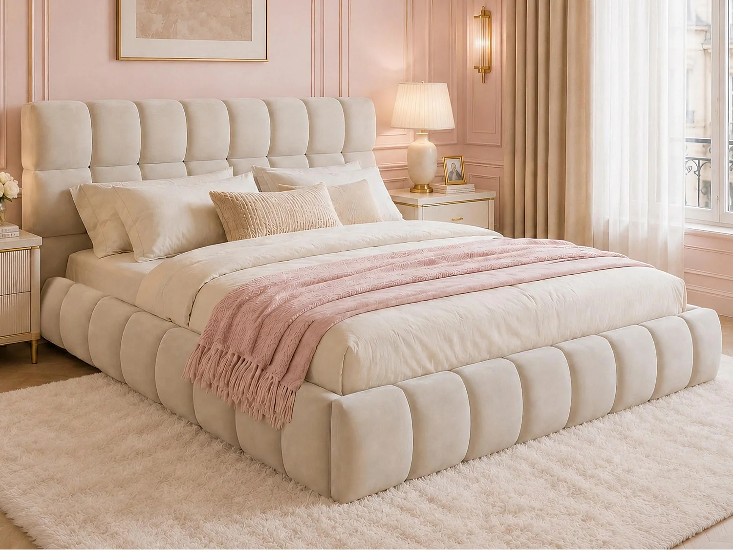 Gepolstertes Doppelbett 140 x 190 cm - Mit gepolstertem Kopfteil - Samt - Beige (ohne Matratze)