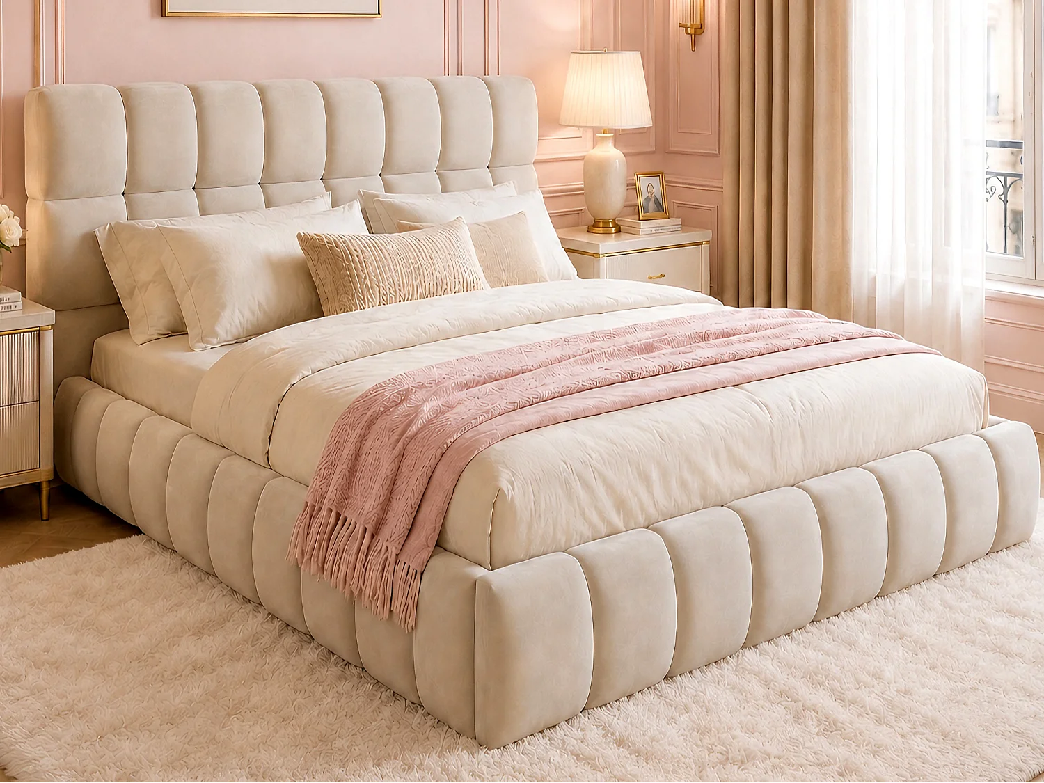 Lit double rembourré 140 x 190 cm - avec tête de lit rembourré - velours - beige (matelas non inclus)