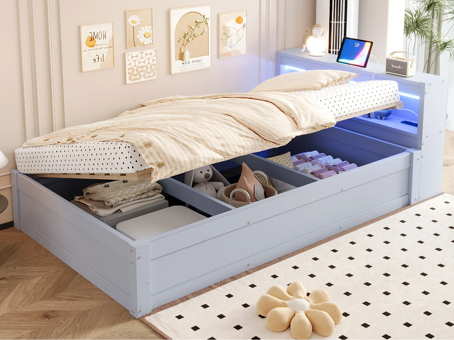 Schlafsofa mit Stauraum 90 x 200 cm - mit Steckdose - mehrere Aufbewahrungsfächer - mit LED - Grau (Matratze nicht enthalten)