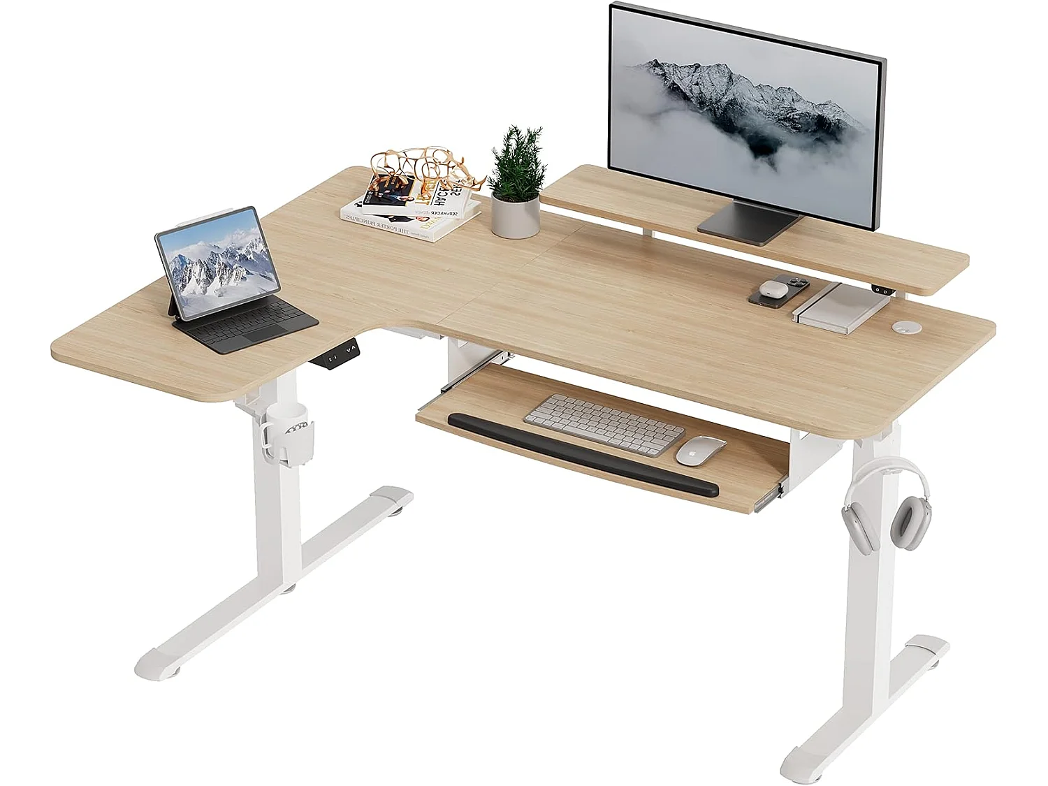 Bureau gaming électrique ajustable 155×110cm, modèle angle L spacieux. Doté de plateau coulissant clavier et support écran à éclairage LED
