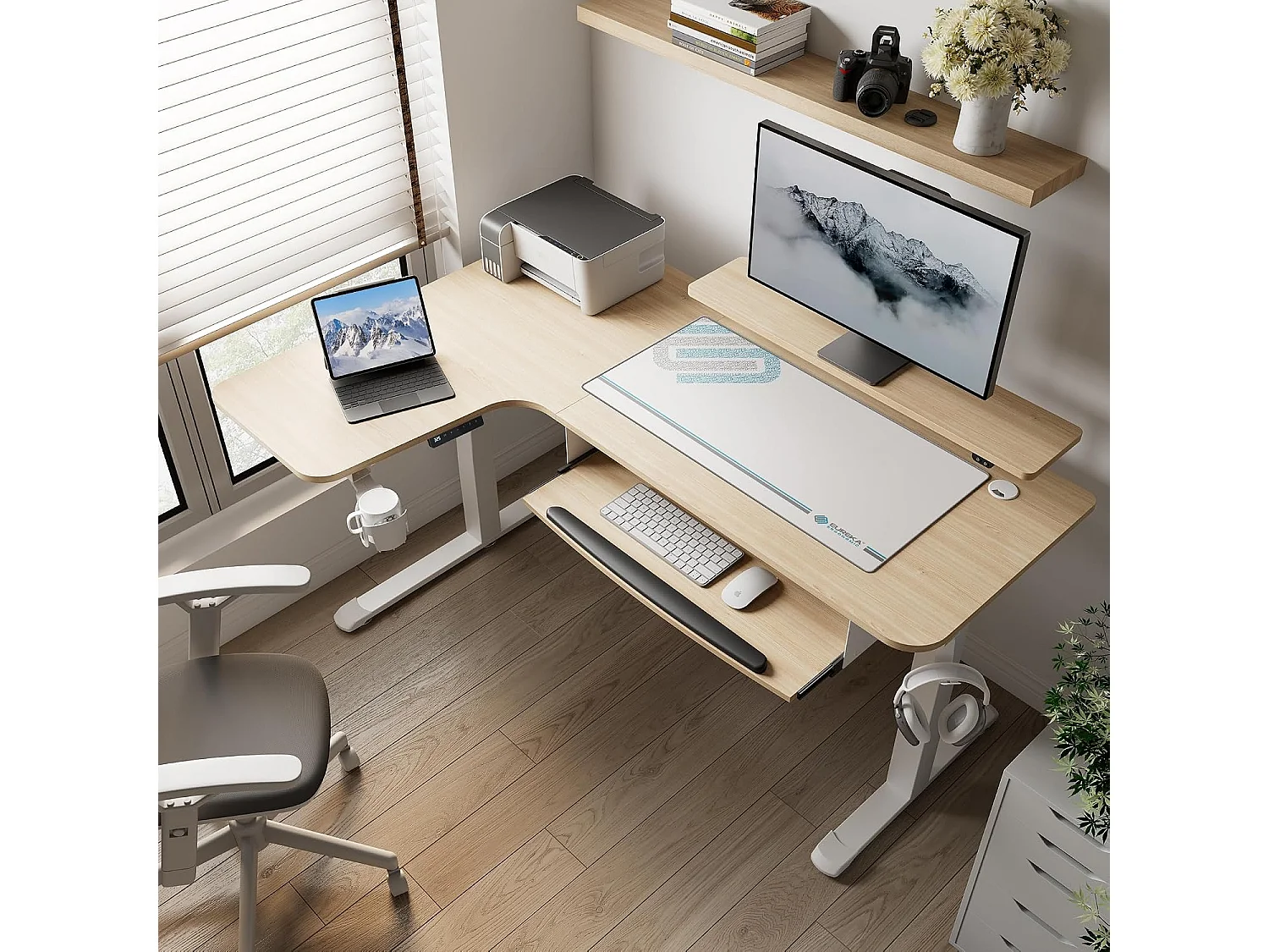 Eureka Ergonomic Bureau d'angle électrique en L (155x110cm). Hauteur réglable, plateau clavier et support LED. Idéal gaming et bureau.