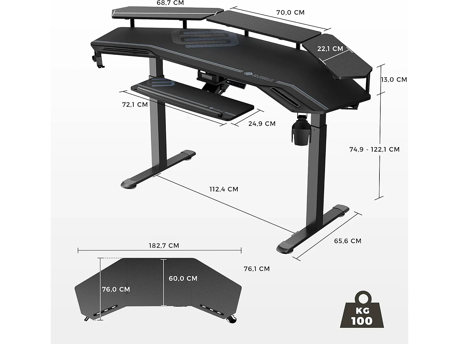 Bureau électrique ajustable 182×76cm forme aile. Grand espace gaming, équipé support écran LED et plateau clavier coulissant