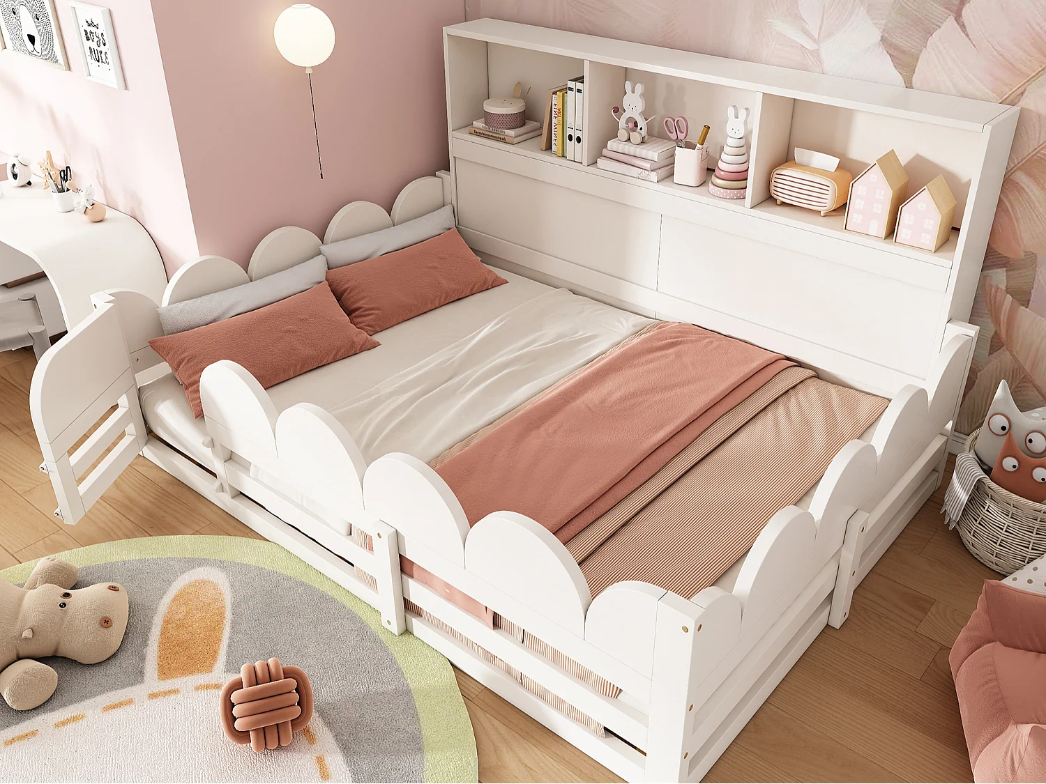 Lit enfant 140x190 cm - avec 1 porte et une rambarde de sécurité - avec compartiment de rangement - blanc(matelas non inclus)