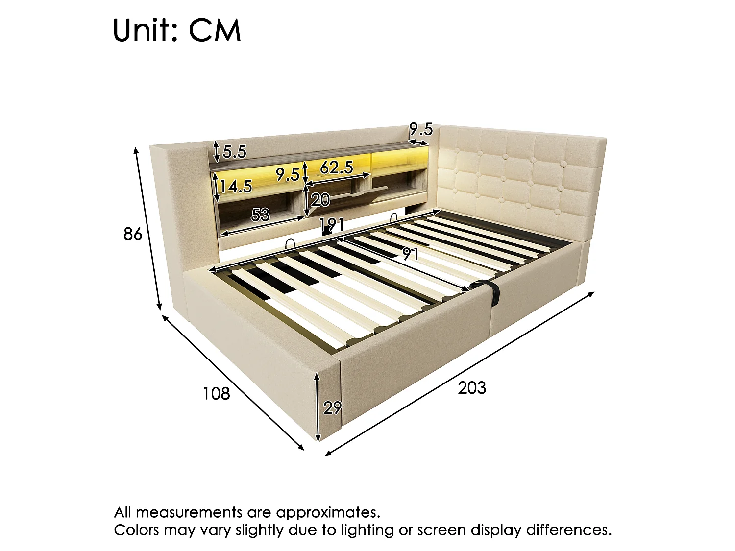 Sofa bed with storage 90x190 cm - with LED and charging port - with slatted base - linen fabric - beige (mattress not included)