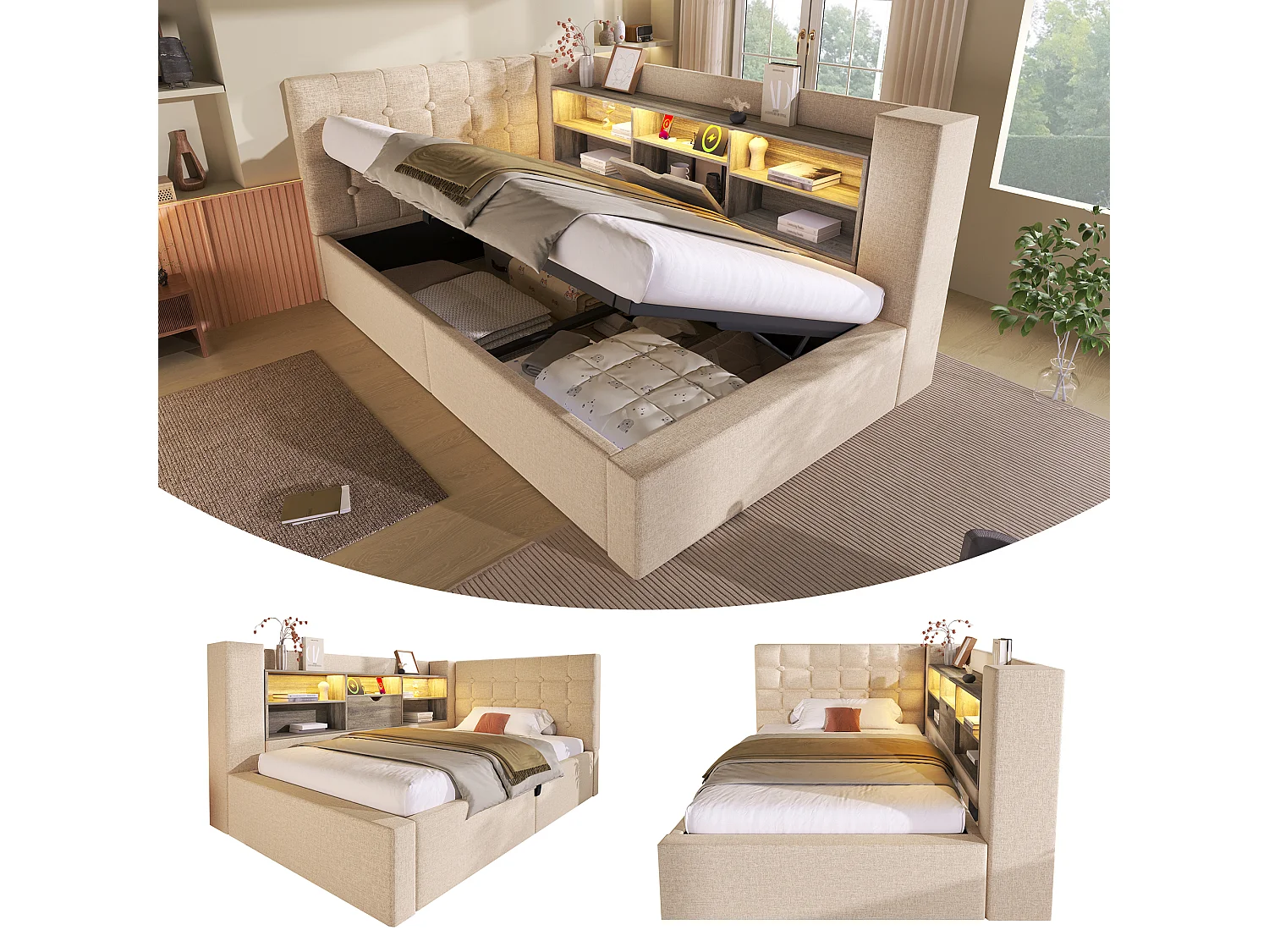 Sofa bed with storage 90x190 cm - with LED and charging port - with slatted base - linen fabric - beige (mattress not included)