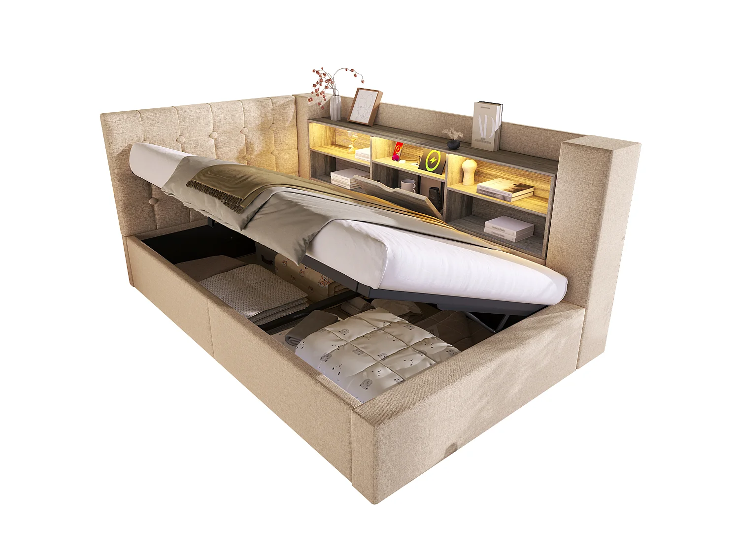 Sofa bed with storage 90x190 cm - with LED and charging port - with slatted base - linen fabric - beige (mattress not included)