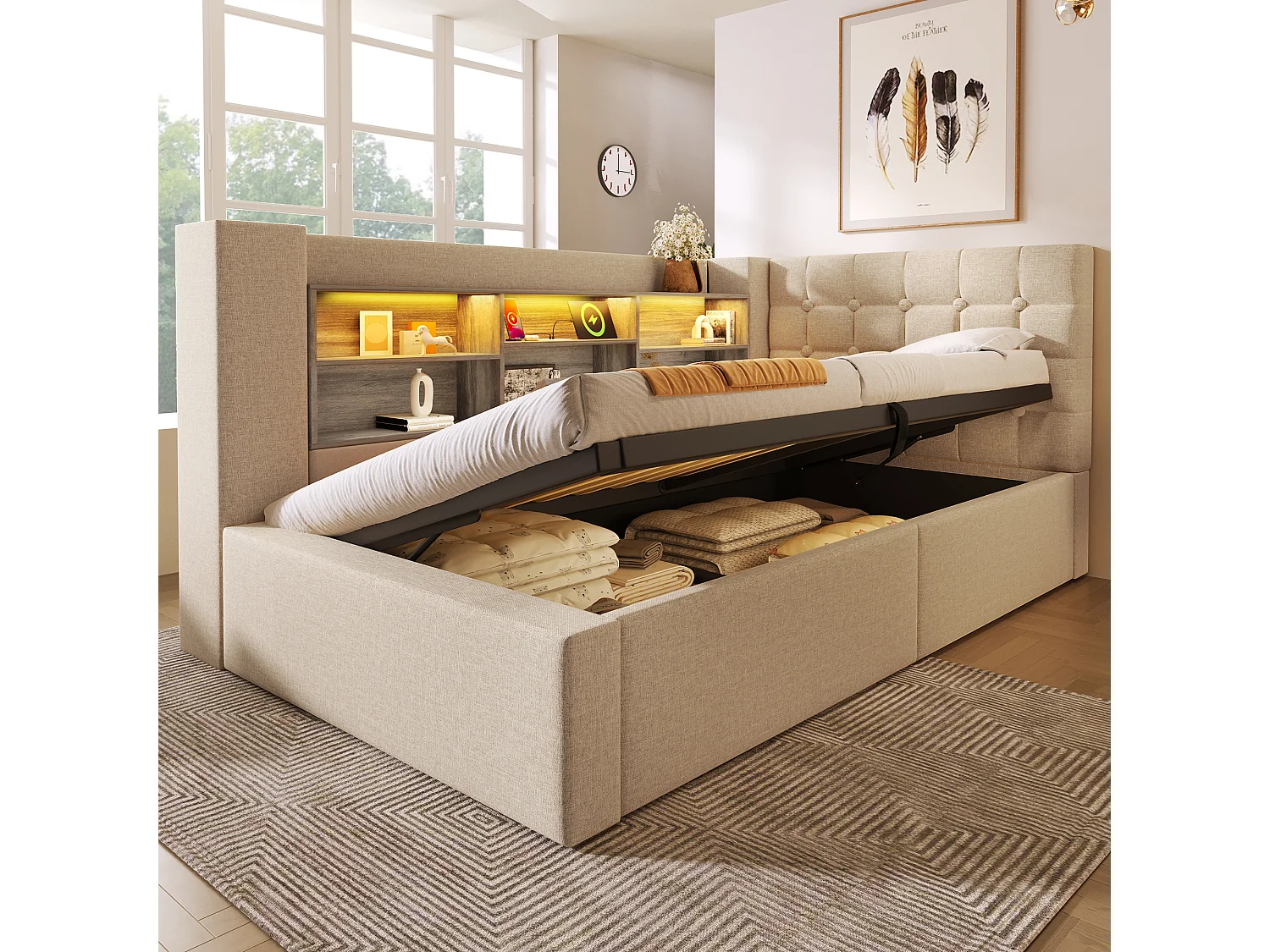 Sofa bed with storage 90x190 cm - with LED and charging port - with slatted base - linen fabric - beige (mattress not included)