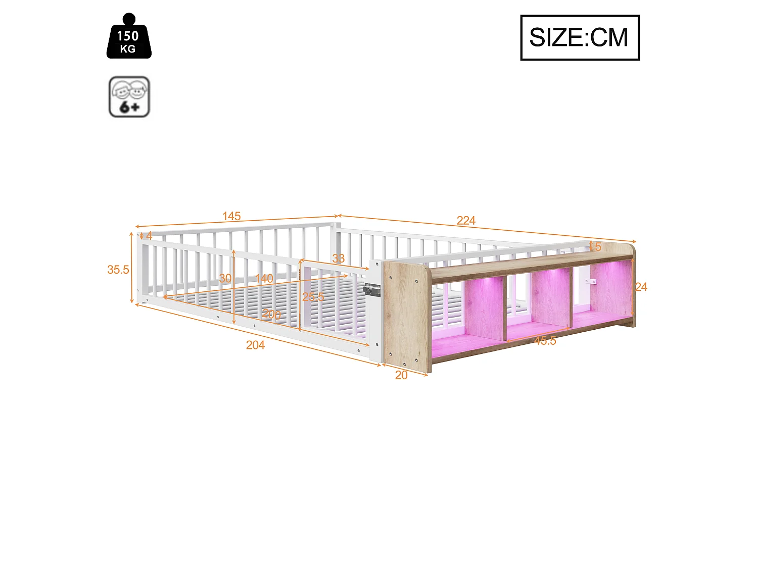 Lit enfant en métal 140 x 200 cm avec barrière de sécurité et LED, blanc