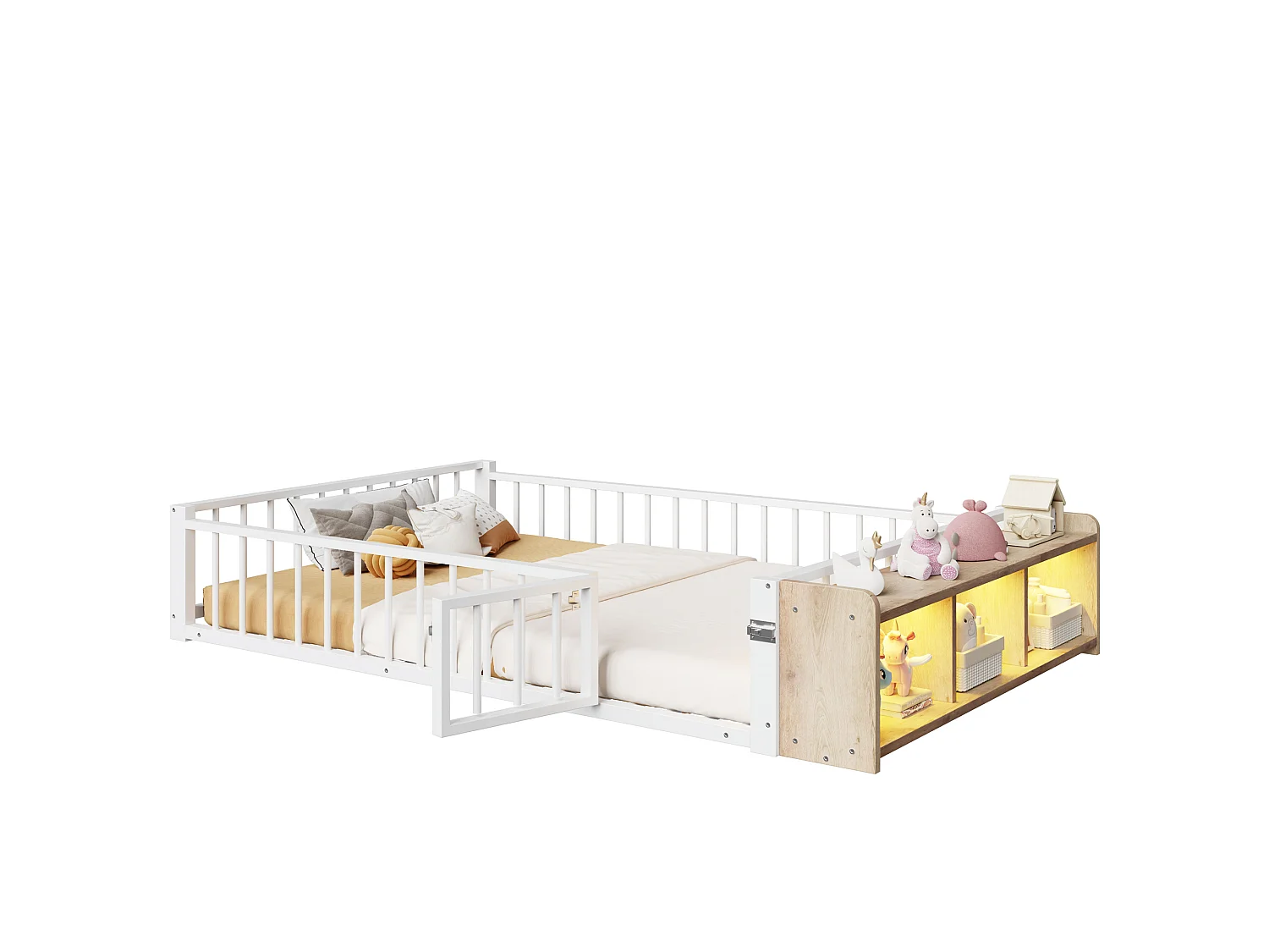 Lit enfant en métal 140 x 200 cm avec barrière de sécurité et LED, blanc