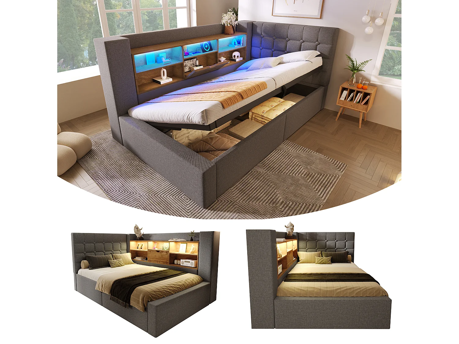 Sofa bed with storage 90x190cm - with LED and charging port - with slatted base - linen fabric - grey (mattress not included)