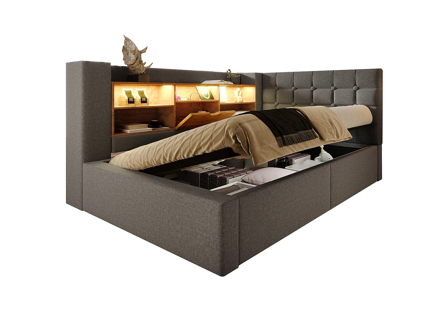 Sofa bed with storage 90x190cm - with LED and charging port - with slatted base - linen fabric - grey (mattress not included)