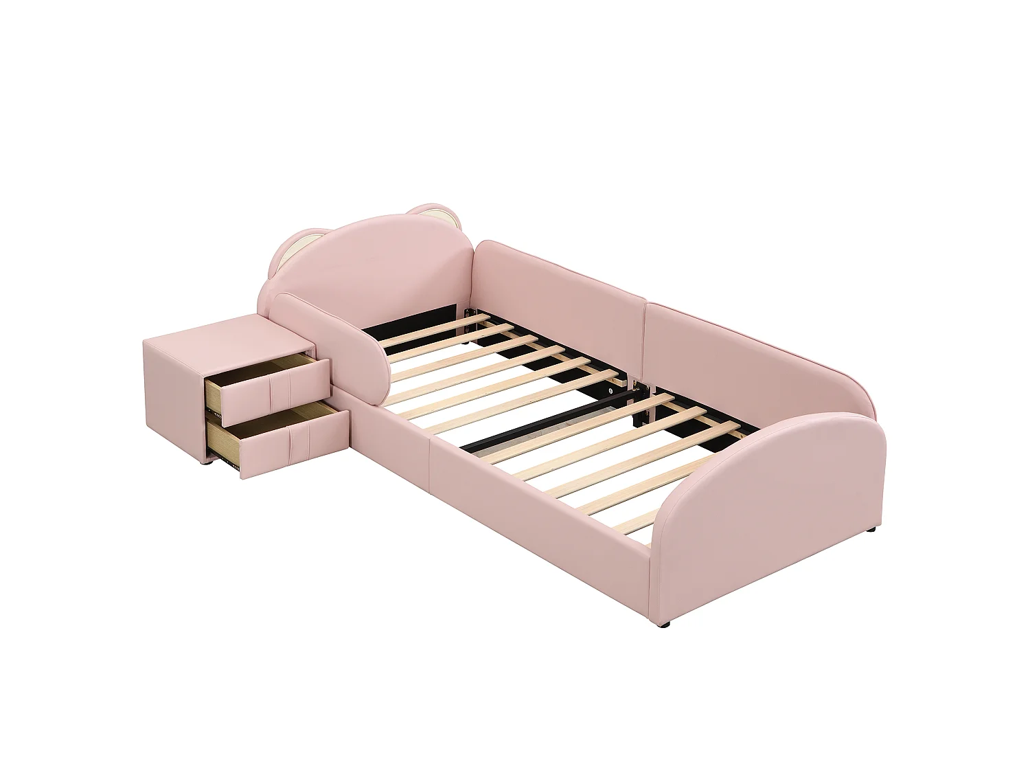 Lit enfant 90x200 cm avec table de chevet - Tête de lit mignonne en forme d'ours - Rose velours