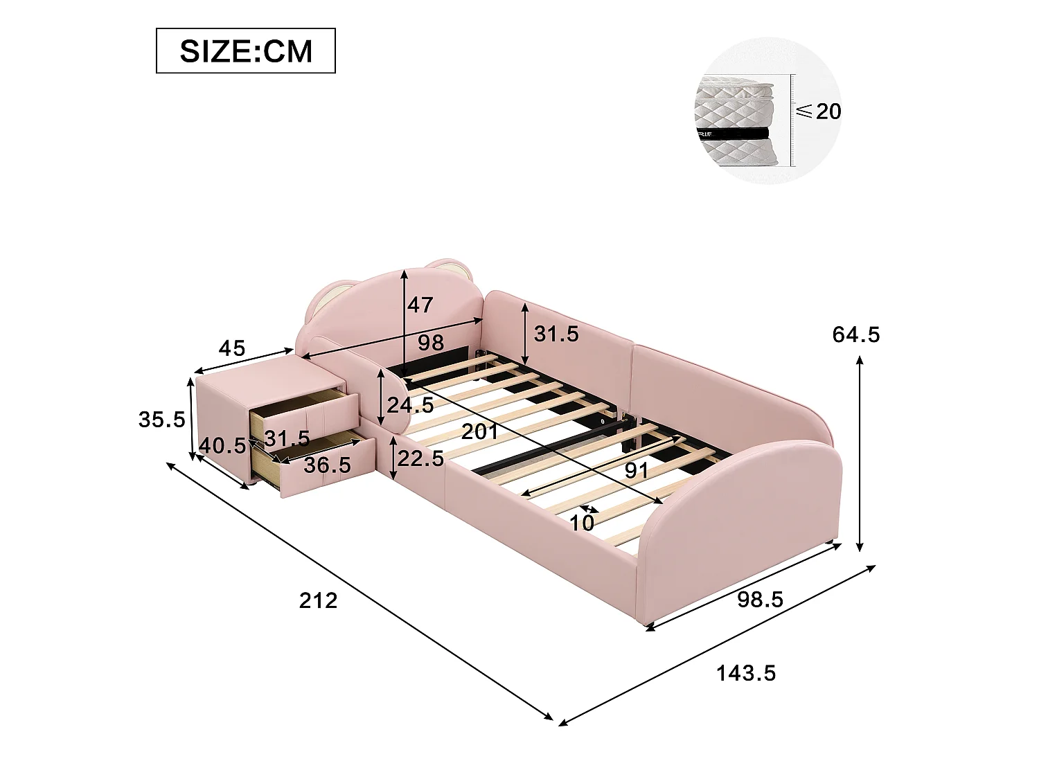 Lit enfant 90x200 cm avec table de chevet - Tête de lit mignonne en forme d'ours - Rose velours