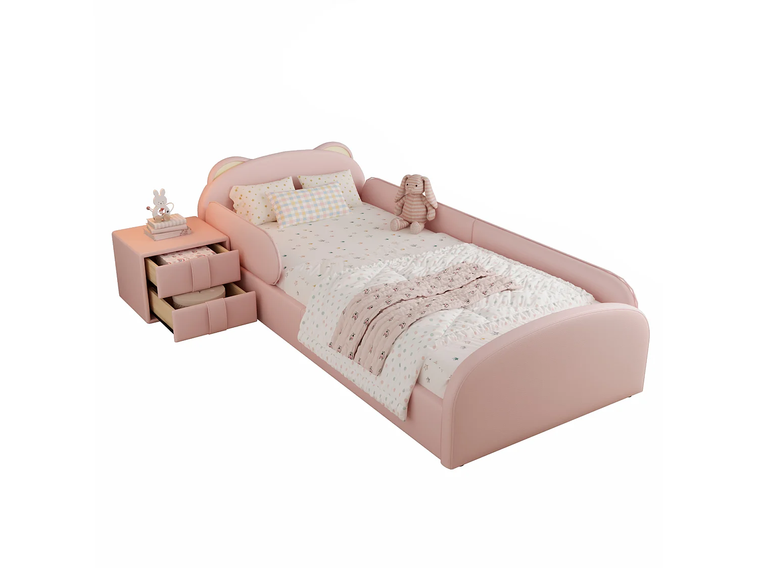 Lit enfant 90x200 cm avec table de chevet - Tête de lit mignonne en forme d'ours - Rose velours