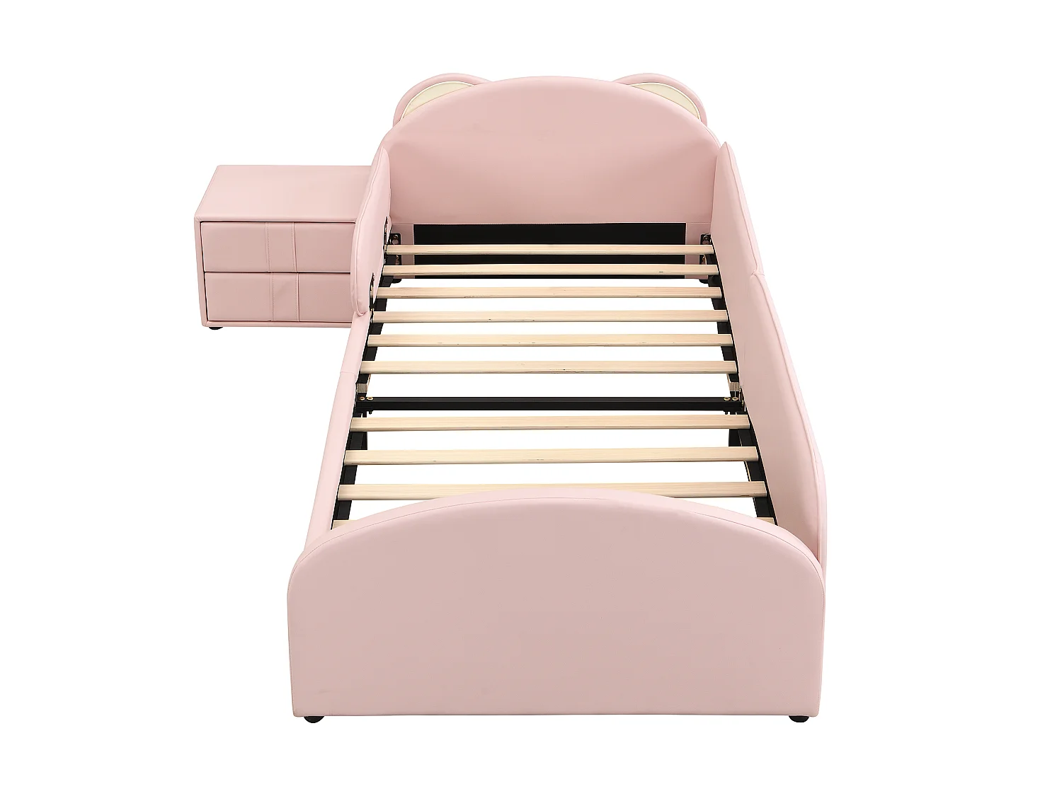 Lit enfant 90x200 cm avec table de chevet - Tête de lit mignonne en forme d'ours - Rose velours