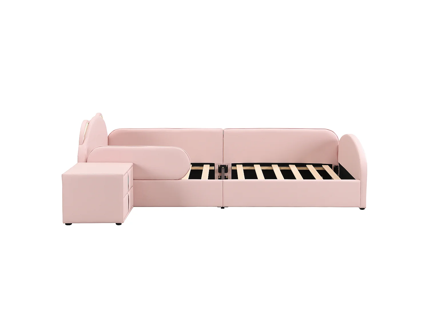 Lit enfant 90x200 cm avec table de chevet - Tête de lit mignonne en forme d'ours - Rose velours
