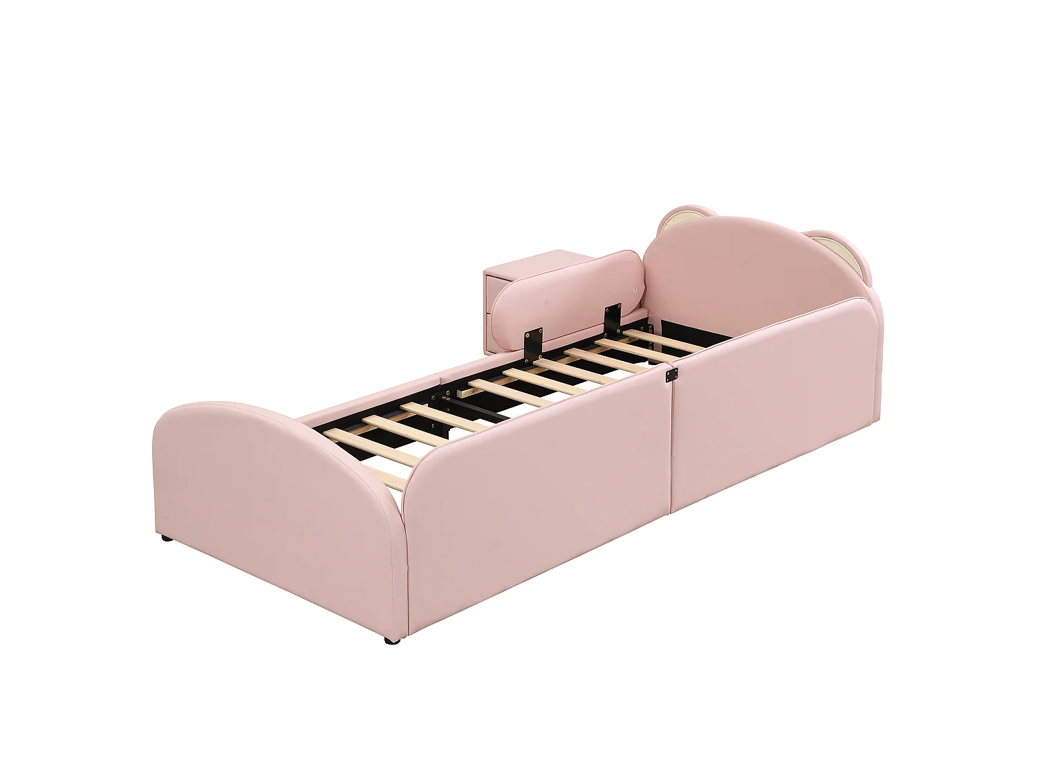 Lit enfant 90x200 cm avec table de chevet - Tête de lit mignonne en forme d'ours - Rose velours