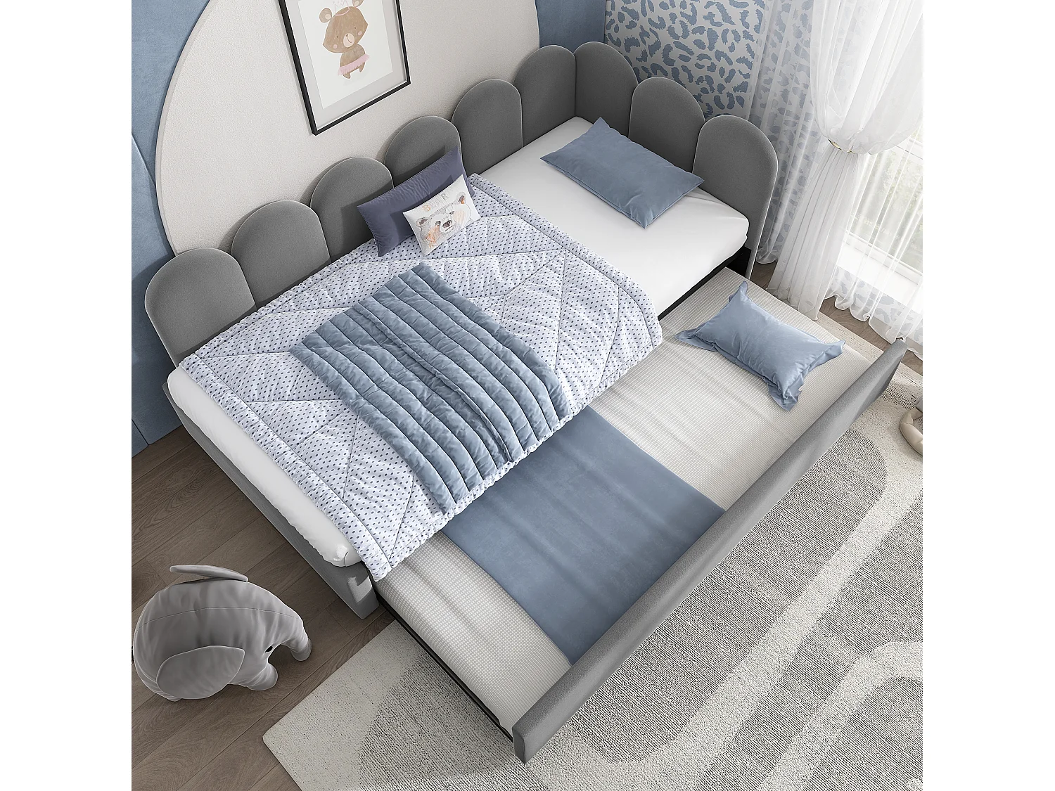 Daybed 90x190 cm - with trundle bed 90x190 - velvet fabric - Grey