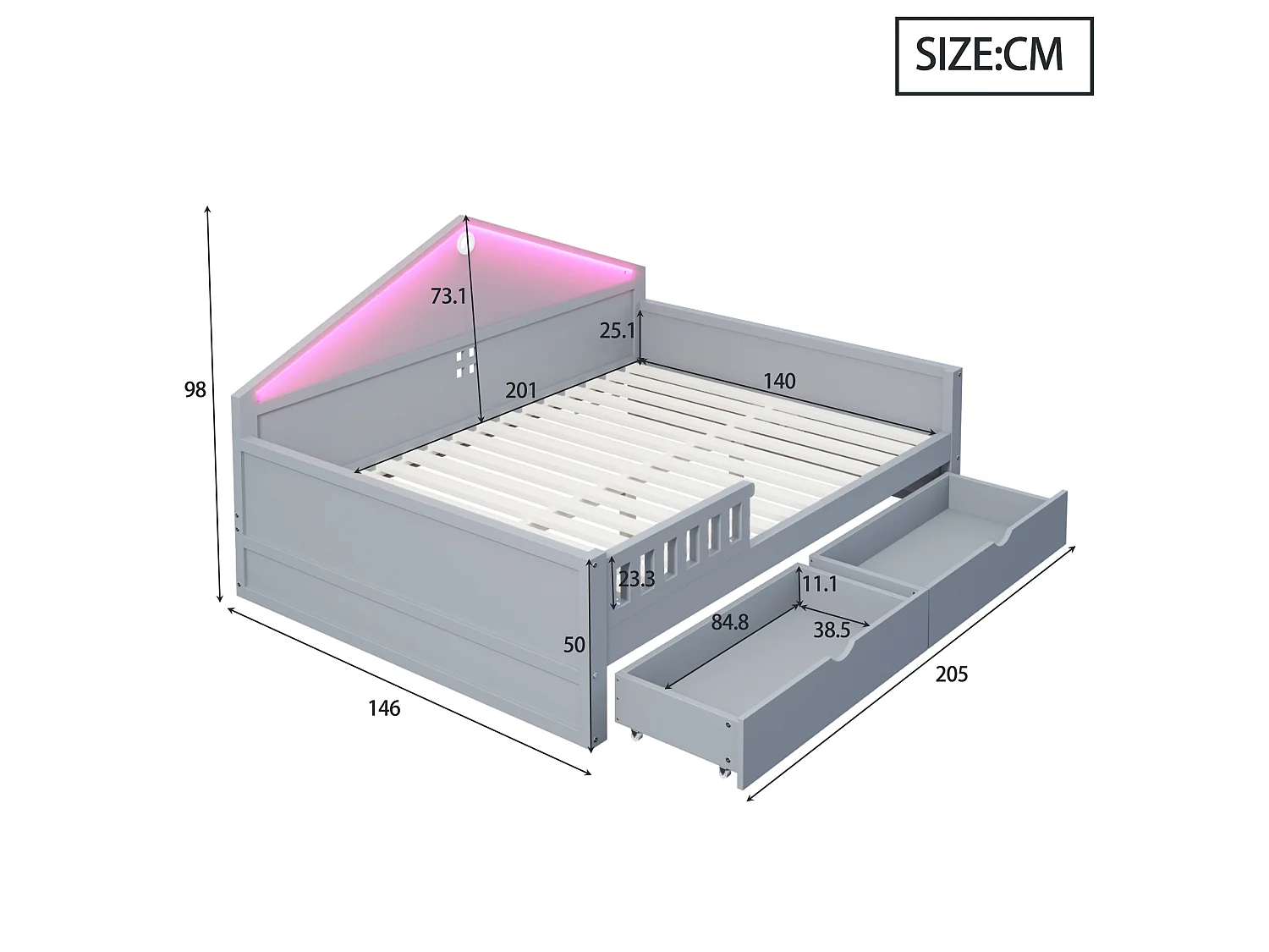 Kinderbett 140×200 cm - mit LED-Beleuchtung - mit 2 Schubladen - Lattenrost - Grau (Matratze nicht enthalten)