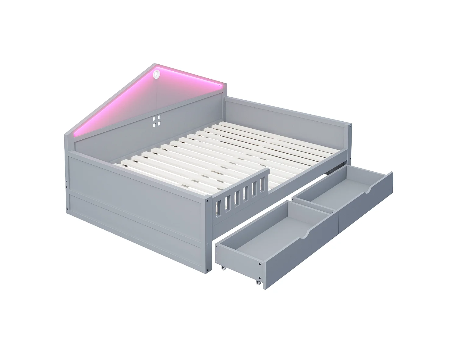 Kinderbett 140×200 cm - mit LED-Beleuchtung - mit 2 Schubladen - Lattenrost - Grau (Matratze nicht enthalten)