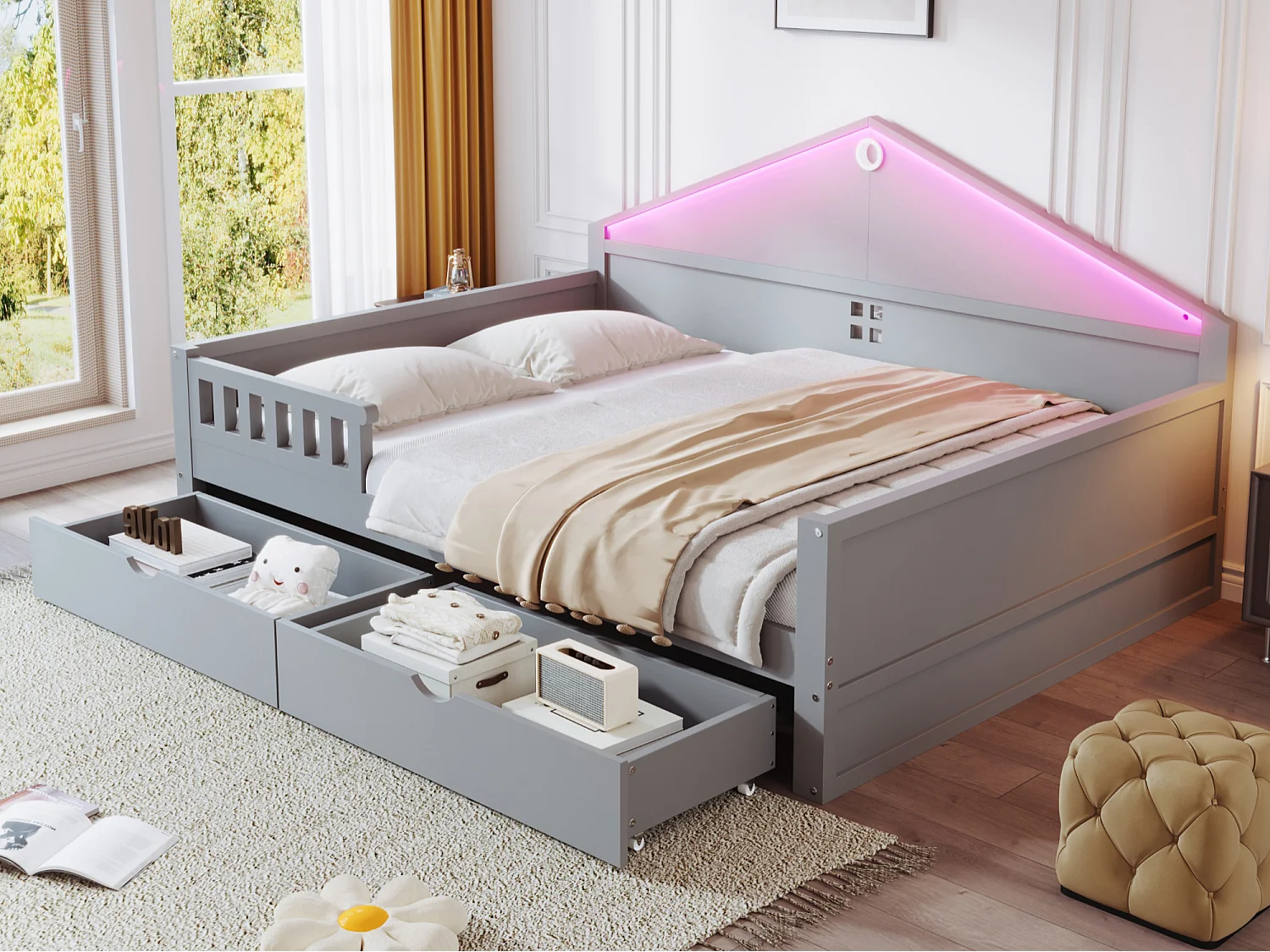 Kinderbett 140×200 cm - mit LED-Beleuchtung - mit 2 Schubladen - Lattenrost - Grau (Matratze nicht enthalten)