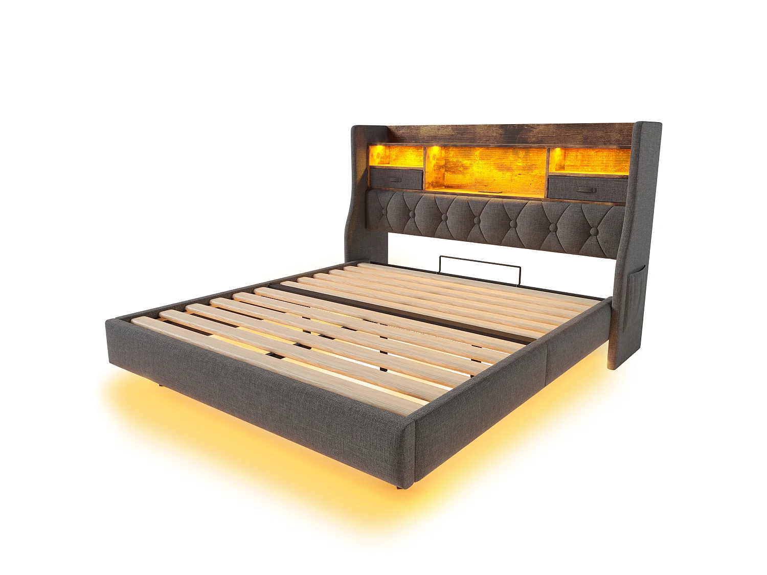 Lit adulte 140x190 cm avec LED et station de charge - Tissu lin gris (sans matelas)