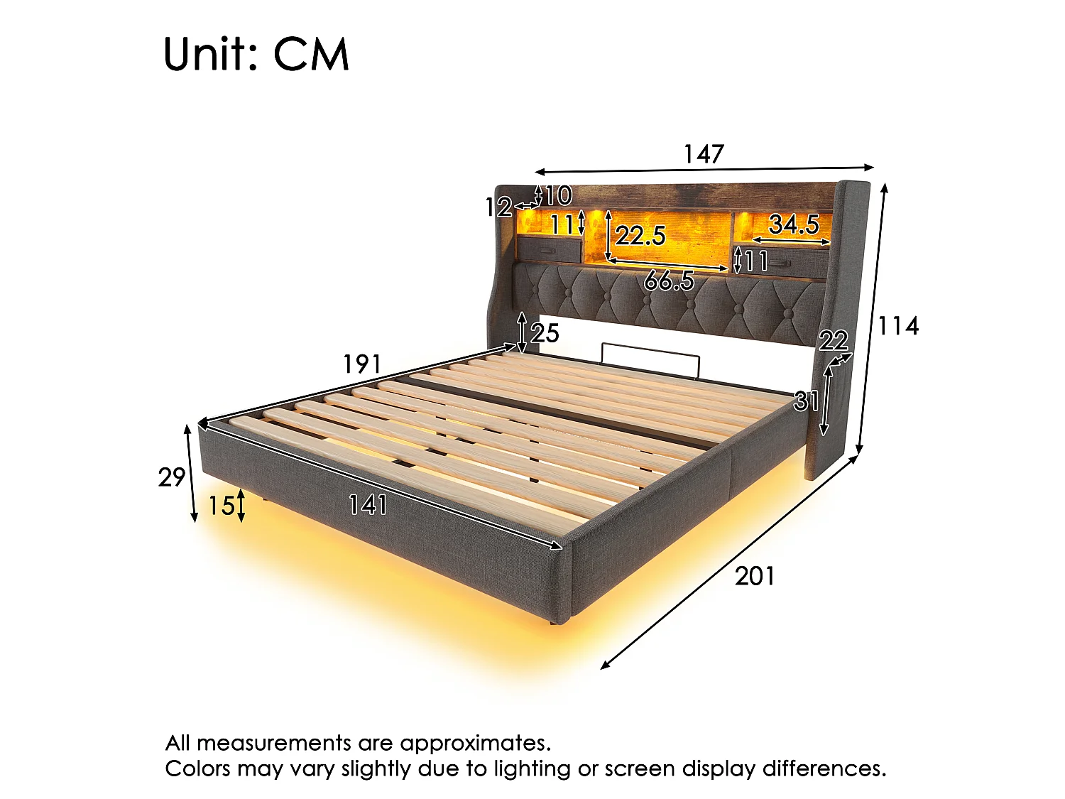 Lit adulte 140x190 cm avec LED et station de charge - Tissu lin gris (sans matelas)