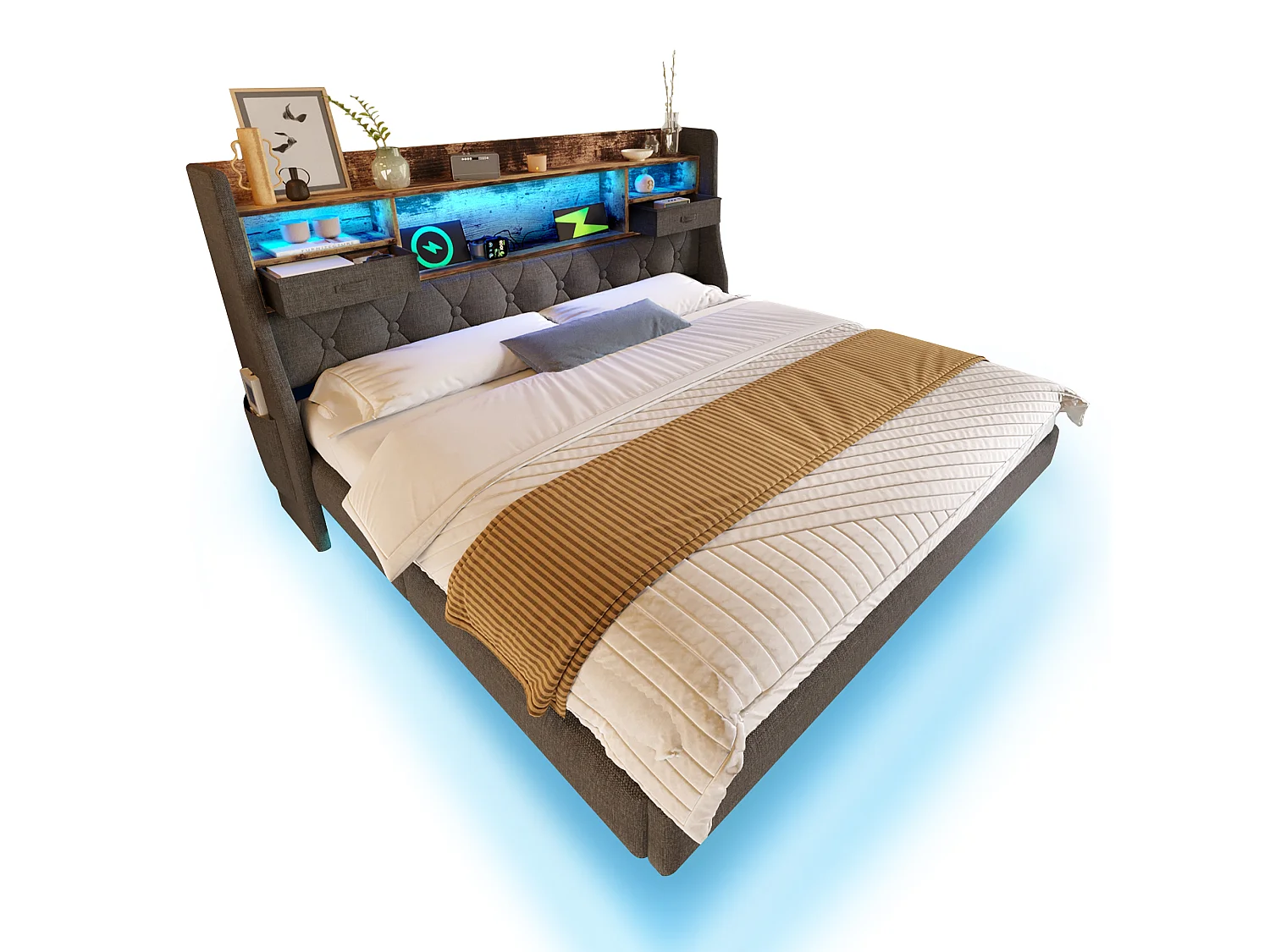 Lit adulte 140x190 cm avec LED et station de charge - Tissu lin gris (sans matelas)