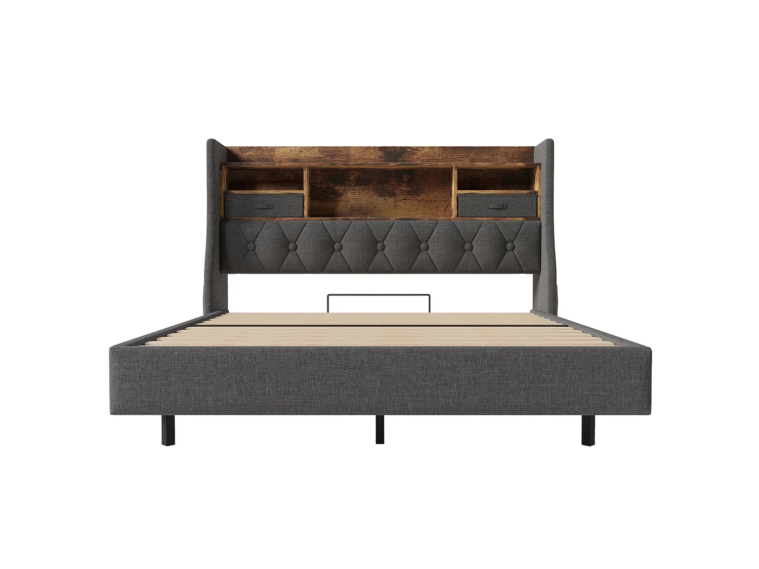 Lit adulte 140x190 cm avec LED et station de charge - Tissu lin gris (sans matelas)