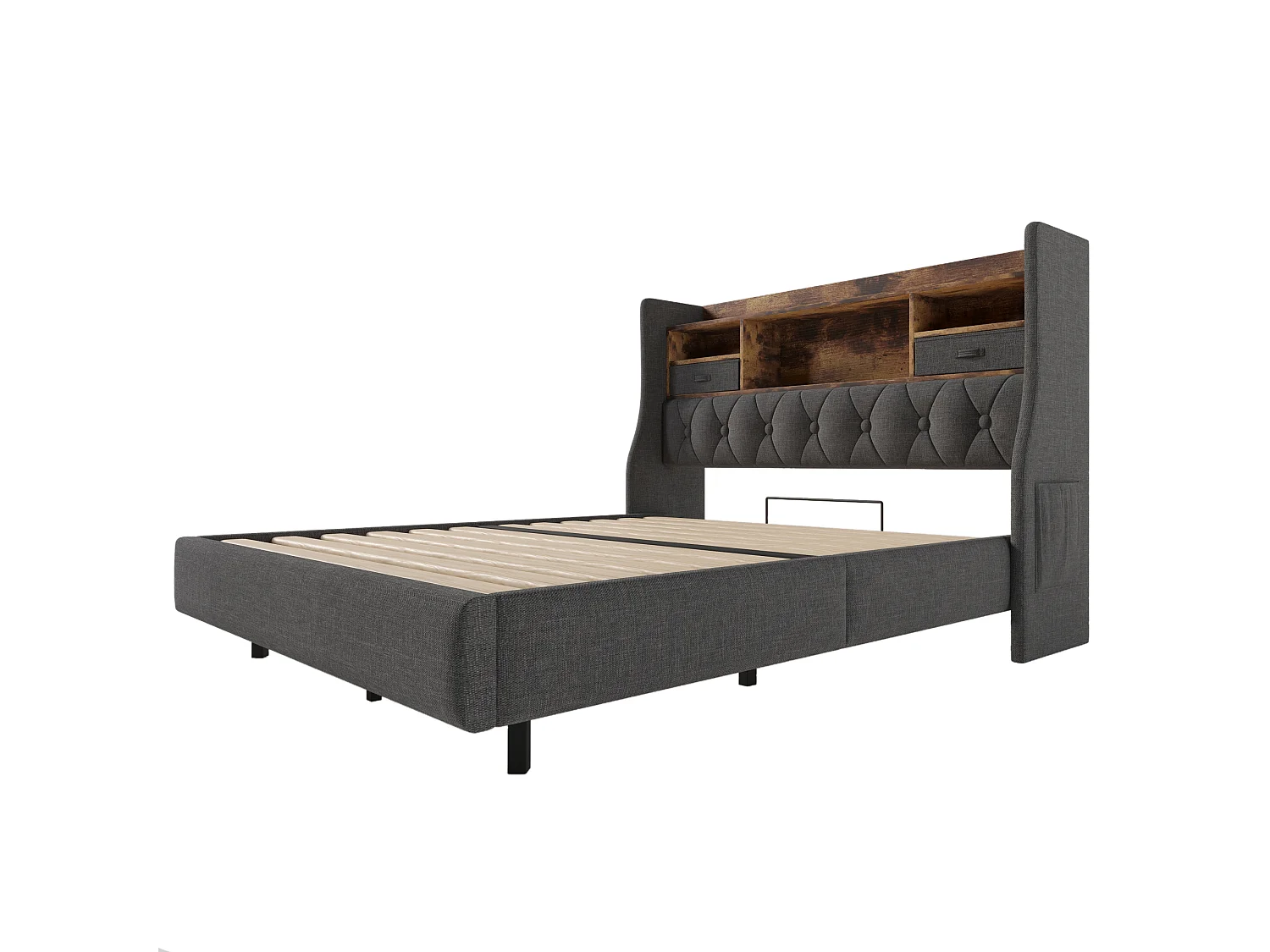 Lit adulte 140x190 cm avec LED et station de charge - Tissu lin gris (sans matelas)