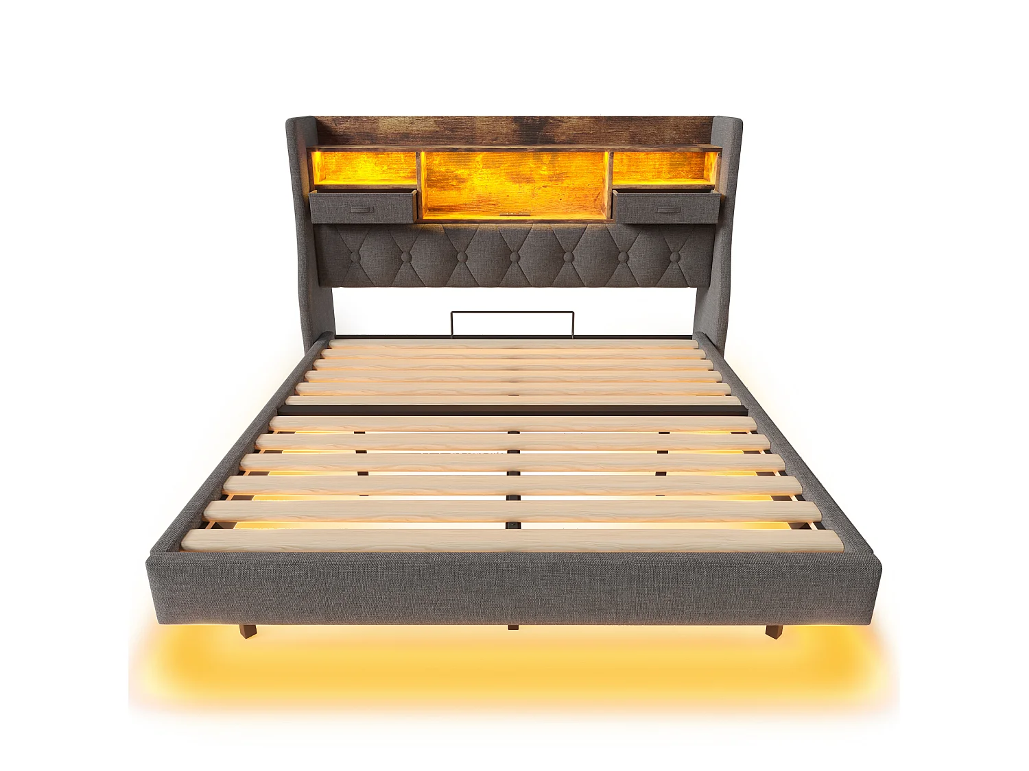 Lit adulte 140x190 cm avec LED et station de charge - Tissu lin gris (sans matelas)