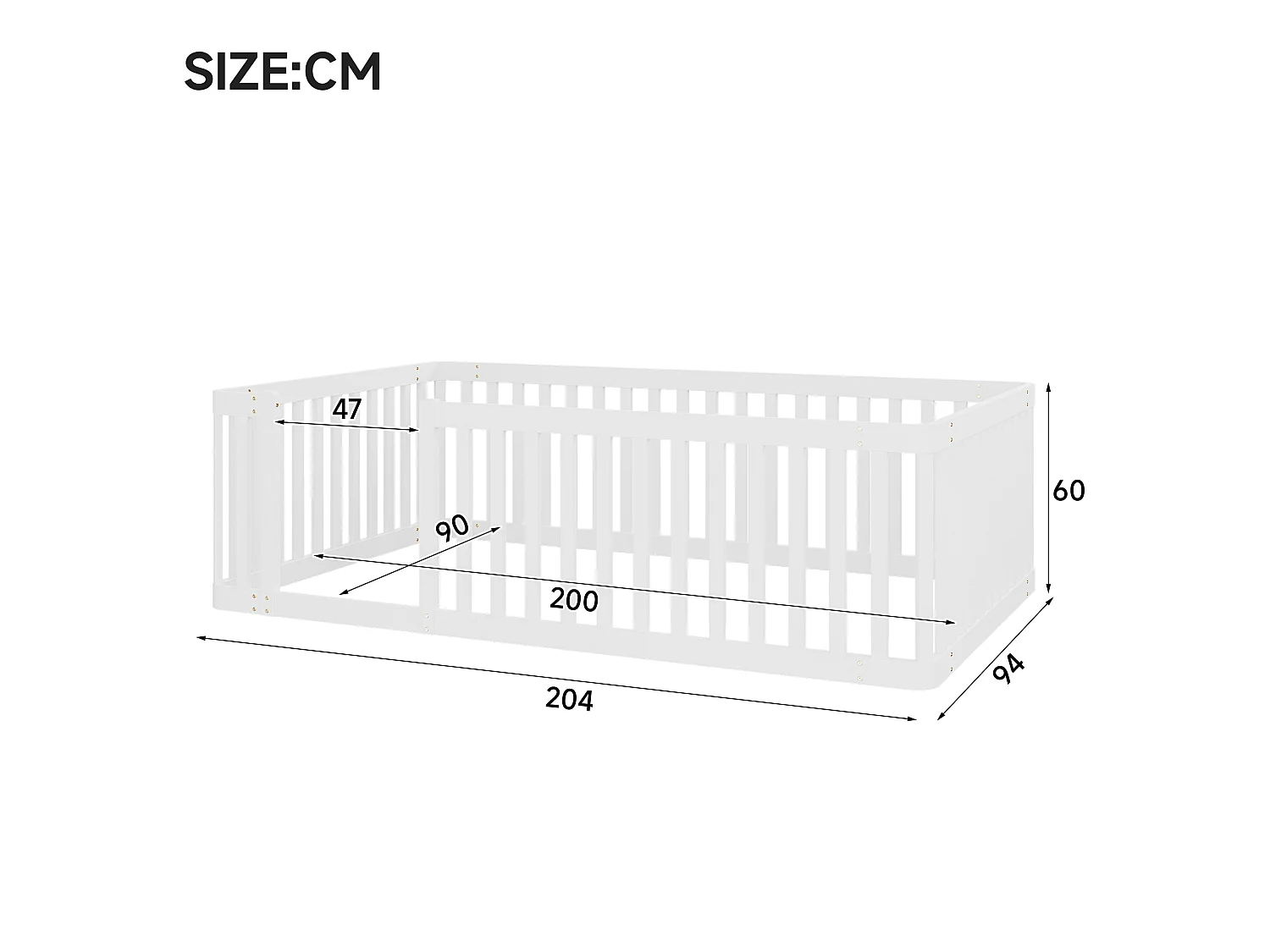 Lit enfant en bois 90x200 avec barrière, Sans sommier à lattes - Blanc