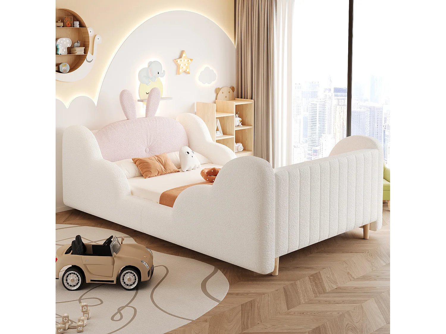 Lit enfant capitonné 90 x 200 cm - avec coussins en forme de lapin - avec barrières latérales - rose (matelas non inclus)