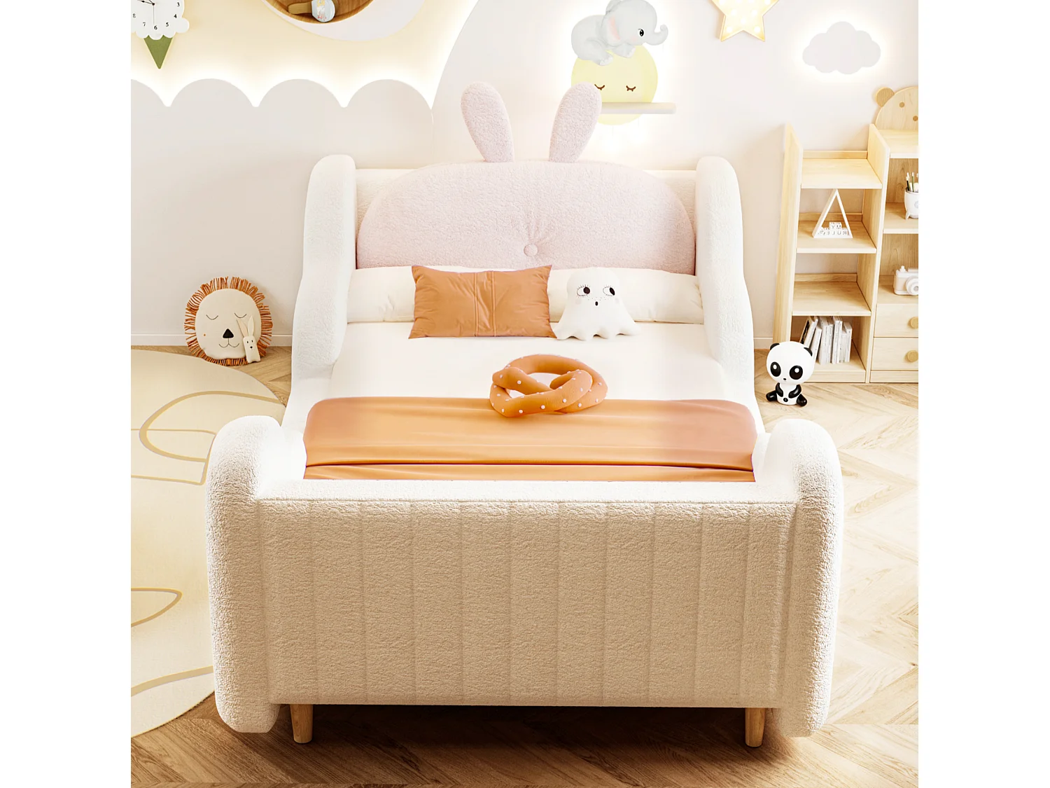 Lit enfant capitonné 90 x 200 cm - avec coussins en forme de lapin - avec barrières latérales - rose (matelas non inclus)