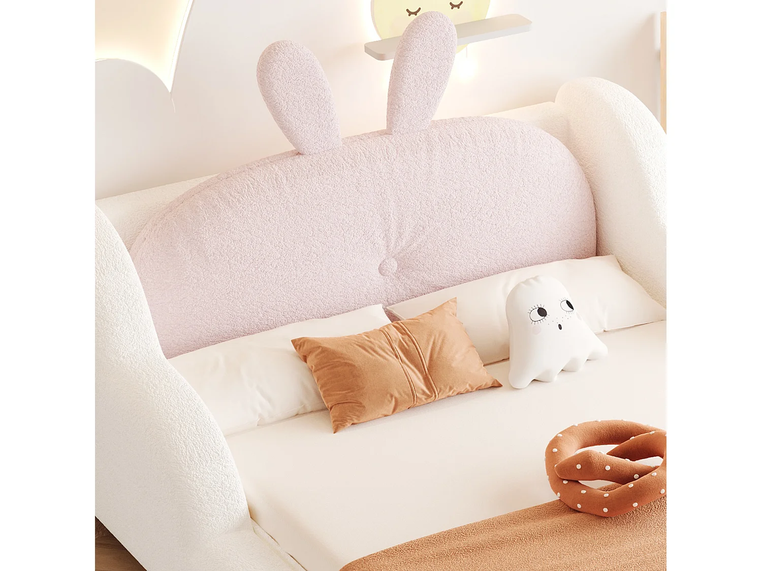 Lit enfant capitonné 90 x 200 cm - avec coussins en forme de lapin - avec barrières latérales - rose (matelas non inclus)