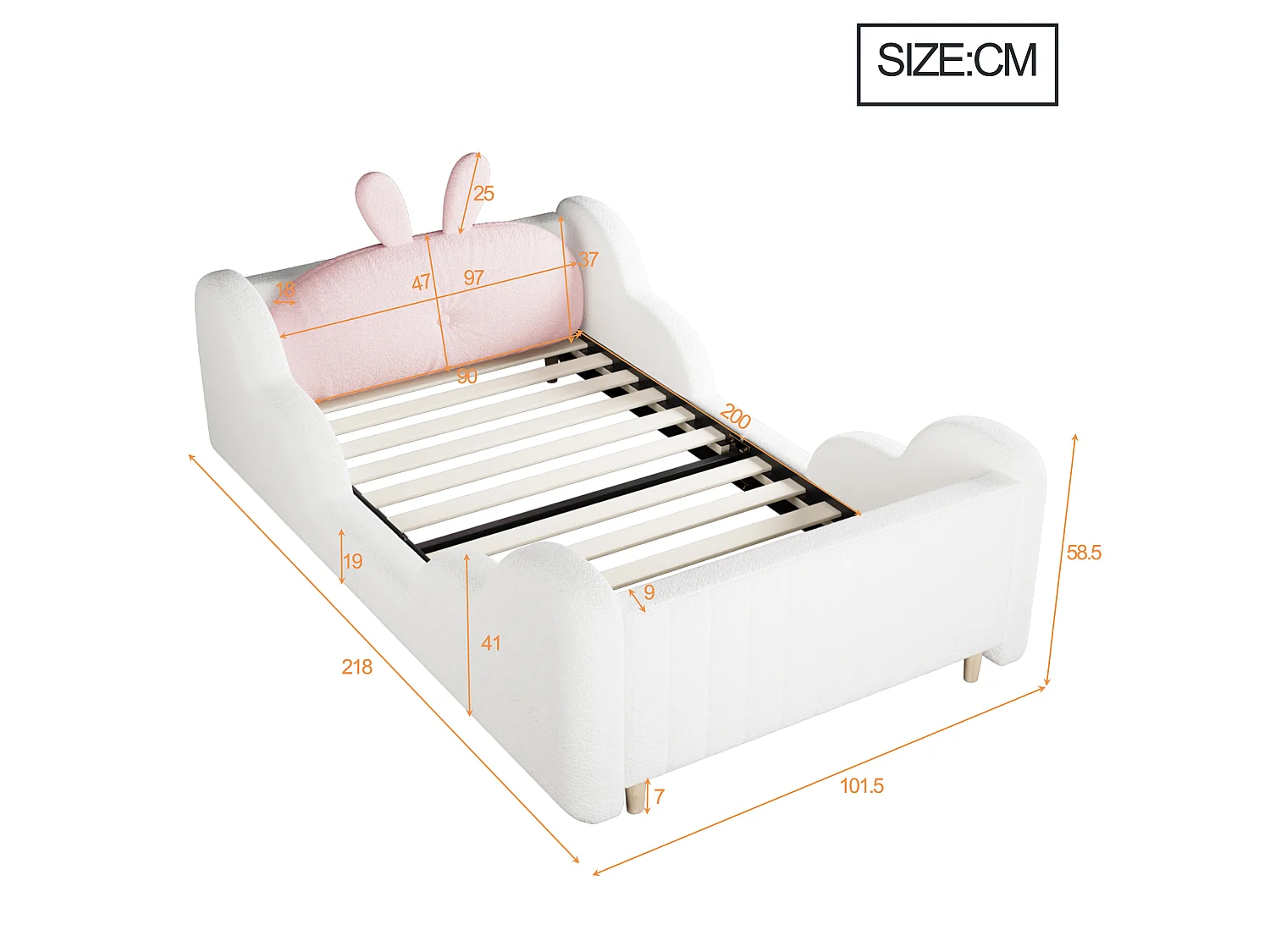 Lit enfant capitonné 90 x 200 cm - avec coussins en forme de lapin - avec barrières latérales - rose (matelas non inclus)