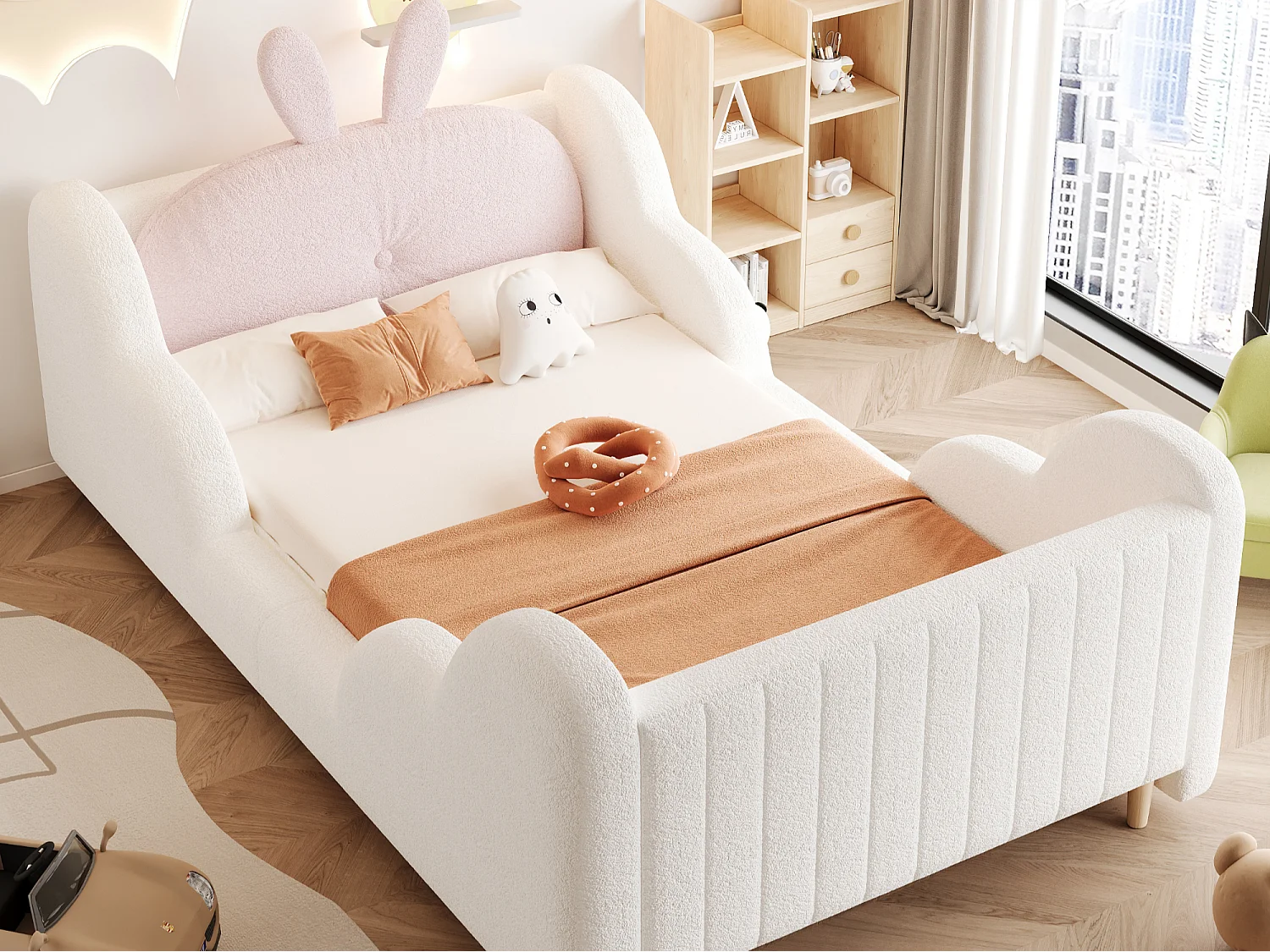 Lit enfant capitonné 90 x 200 cm - avec coussins en forme de lapin - avec barrières latérales - rose (matelas non inclus)
