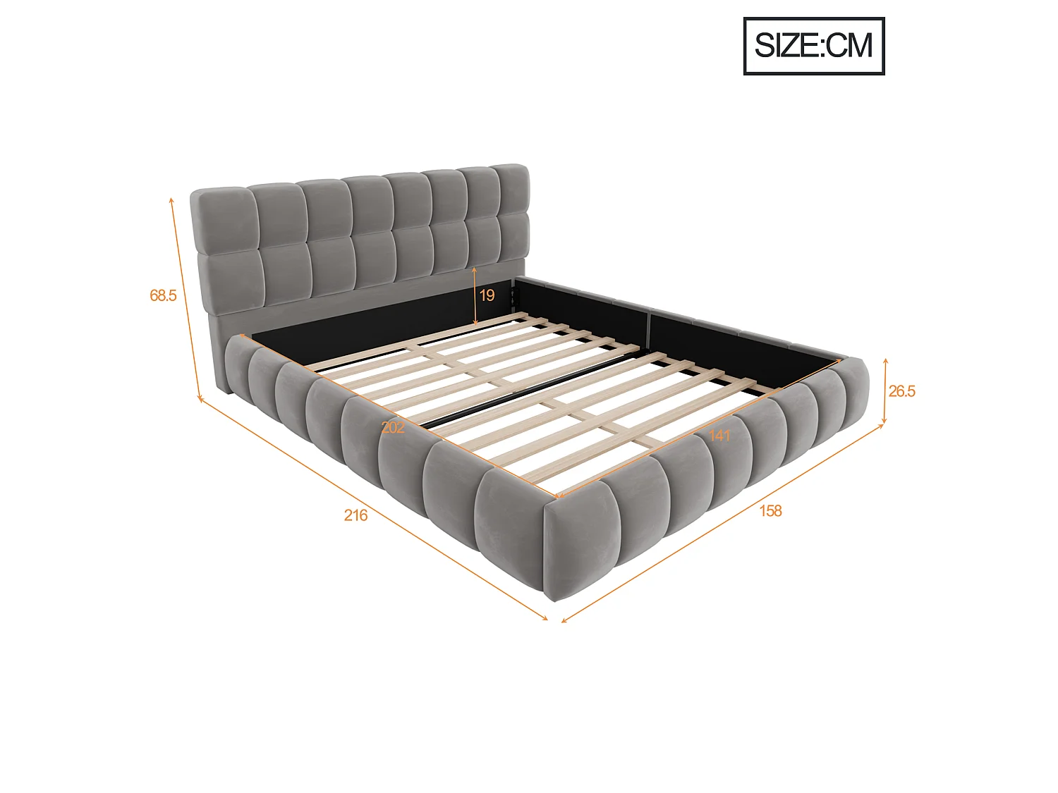 Lit double rembourré 140 x 200 cm - avec tête de lit rembourré - velours - gris (matelas non inclus)
