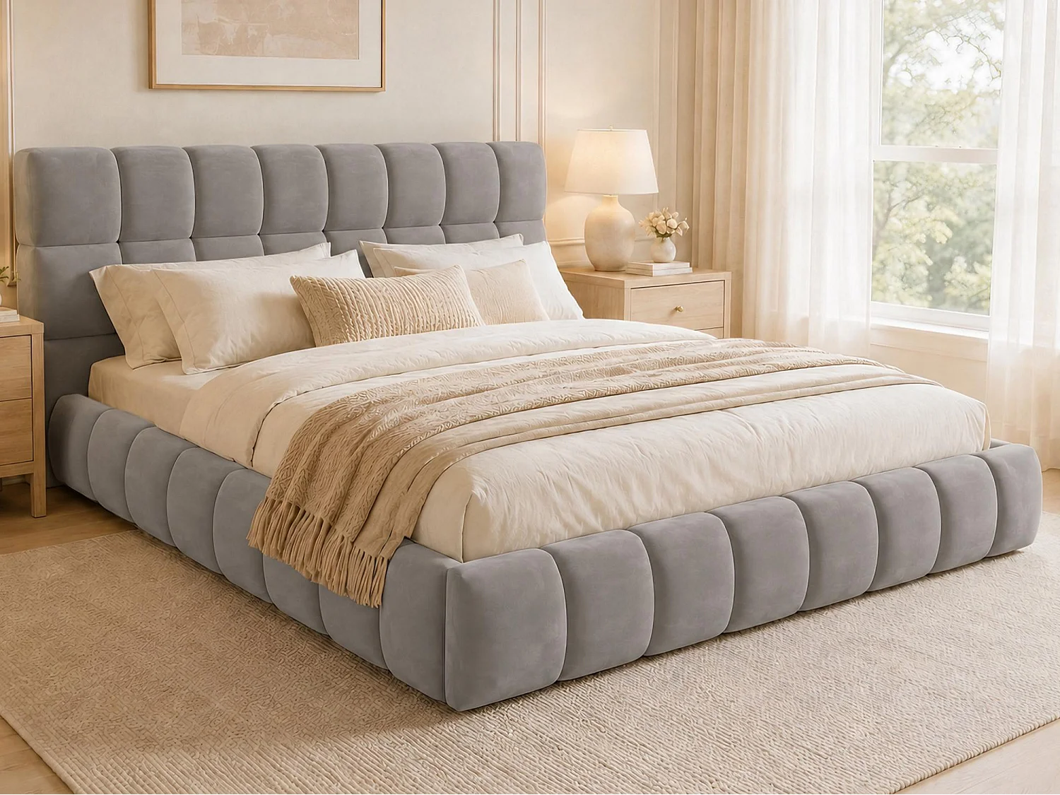 Gepolstertes Doppelbett 140 x 200 cm - Mit gepolstertem Kopfteil - Samt - Grau (ohne Matratze)