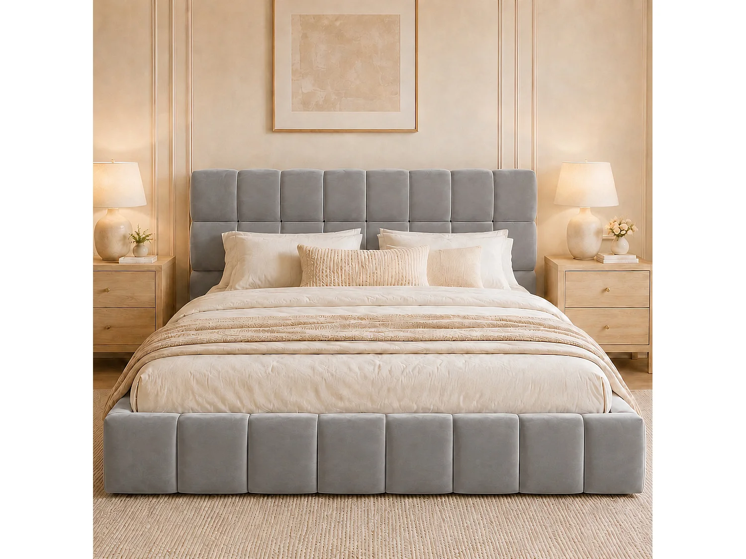 Gepolstertes Doppelbett 140 x 200 cm - Mit gepolstertem Kopfteil - Samt - Grau (ohne Matratze)