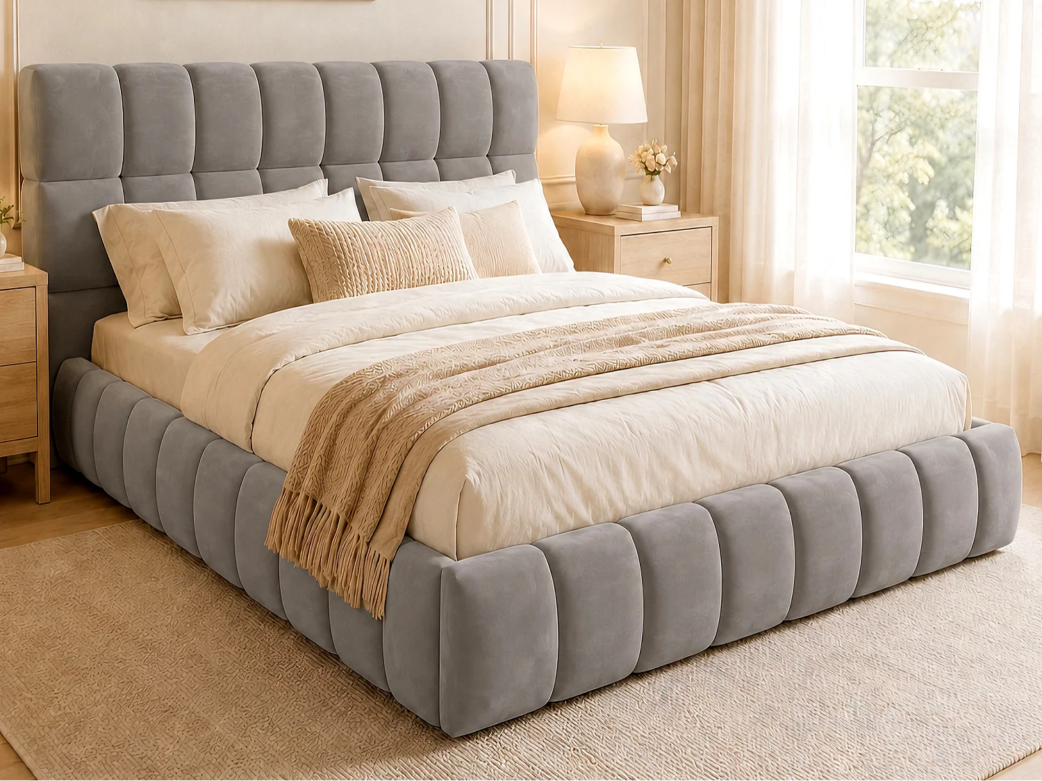 Lit double rembourré 140 x 200 cm - avec tête de lit rembourré - velours - gris (matelas non inclus)
