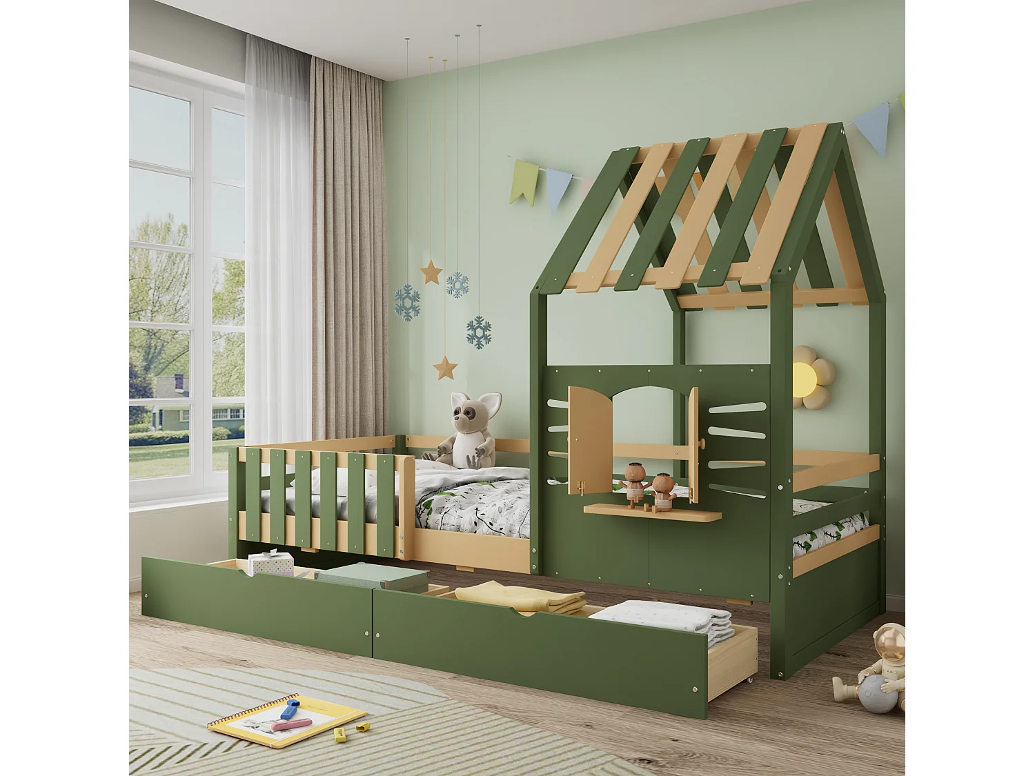 Children's bed 90x190 cm - with roof and window - with fence - with 2 drawers - solid wood + MDF - green + natural