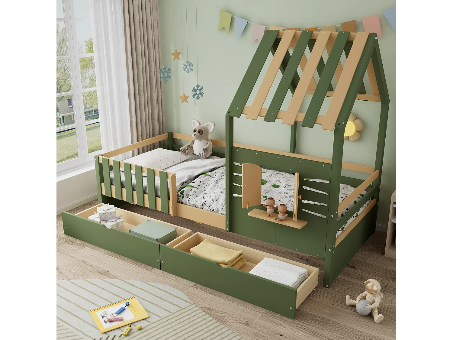 Children's bed 90x190 cm - with roof and window - with fence - with 2 drawers - solid wood + MDF - green + natural